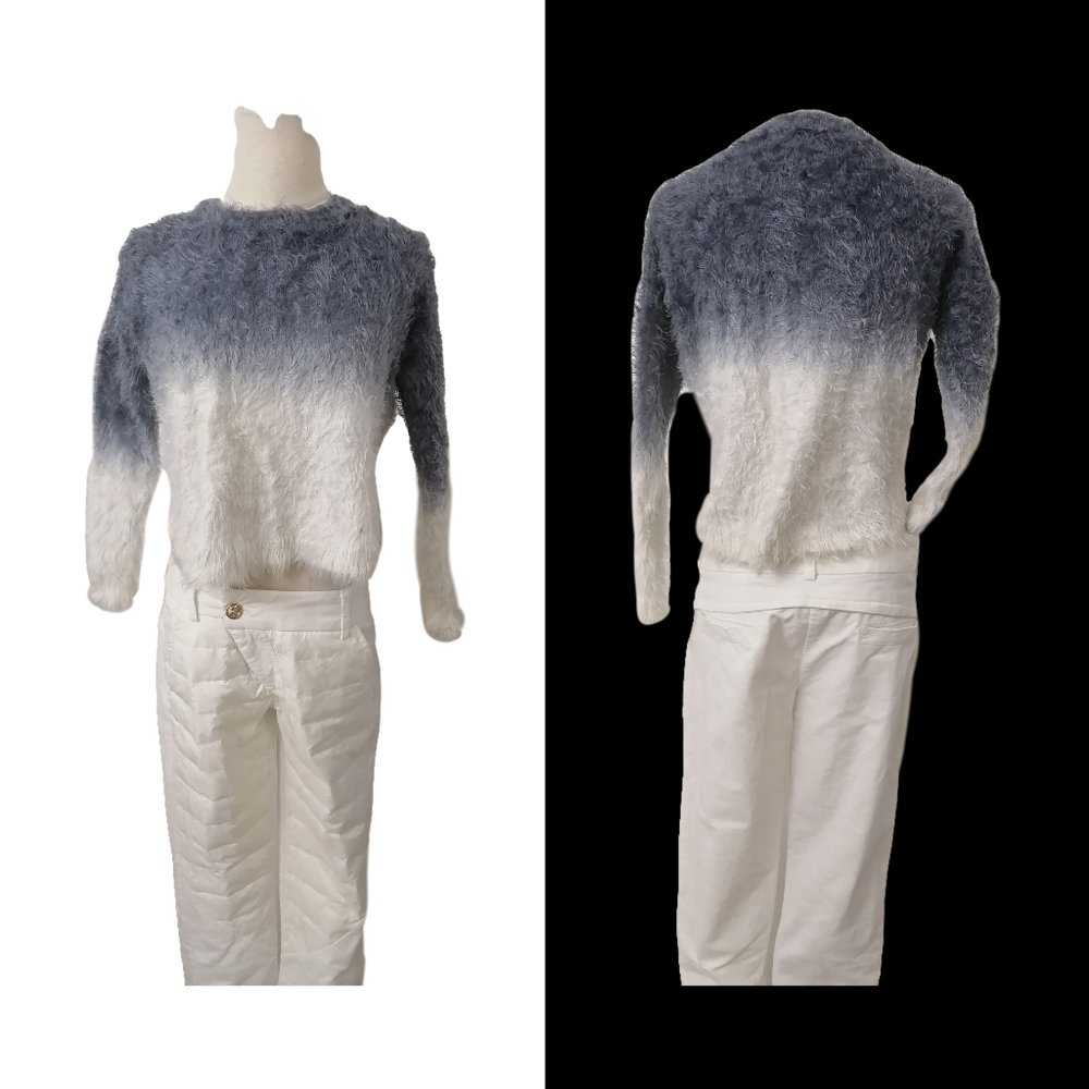 White and blue fluffy sweater